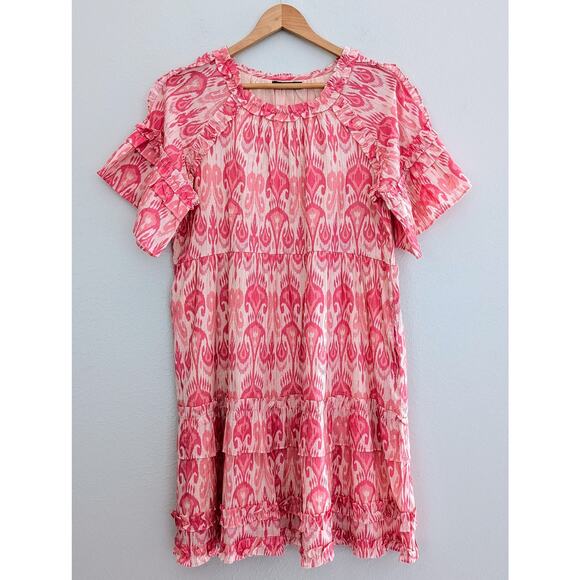 Women's LA PLAGE Dress Tiered Skirt Short Sleeve Pink White Size Medium Boho - Picture 1 of 7